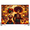 A vibrant banner featuring two sugar skull figures in traditional attire for Day of the Dead celebrations.