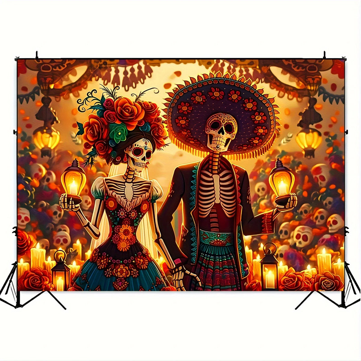 A vibrant banner featuring two sugar skull figures in traditional attire for Day of the Dead celebrations.