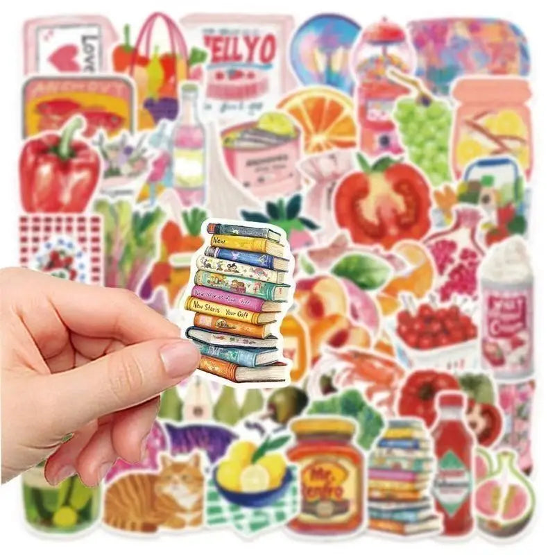 A hand holds a collection of retro cute food pattern decals and stickers for luggage and accessories.