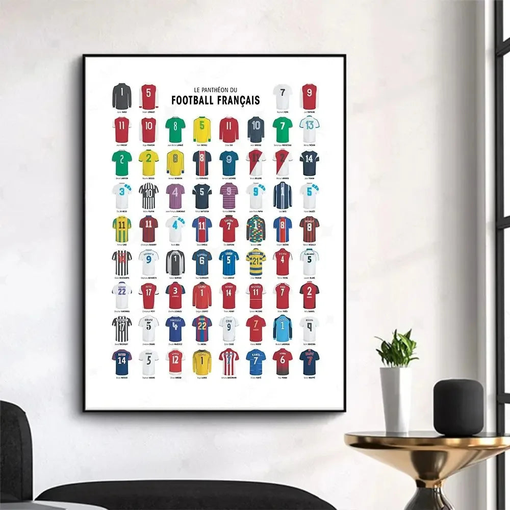 A grid of football numbers and jerseys in various colors displayed as canvas wall art