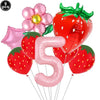 A party kit featuring nine pink and red strawberry balloons and a large pink number five balloon.