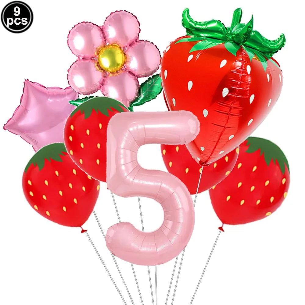 A party kit featuring nine pink and red strawberry balloons and a large pink number five balloon.