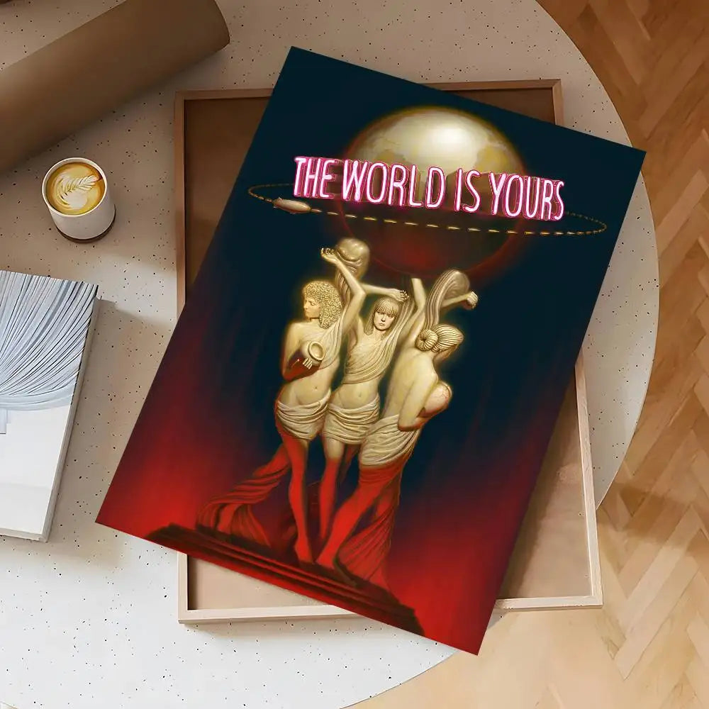 A poster featuring a dramatic illustration of figures against a red background with the text The World Is Yours.