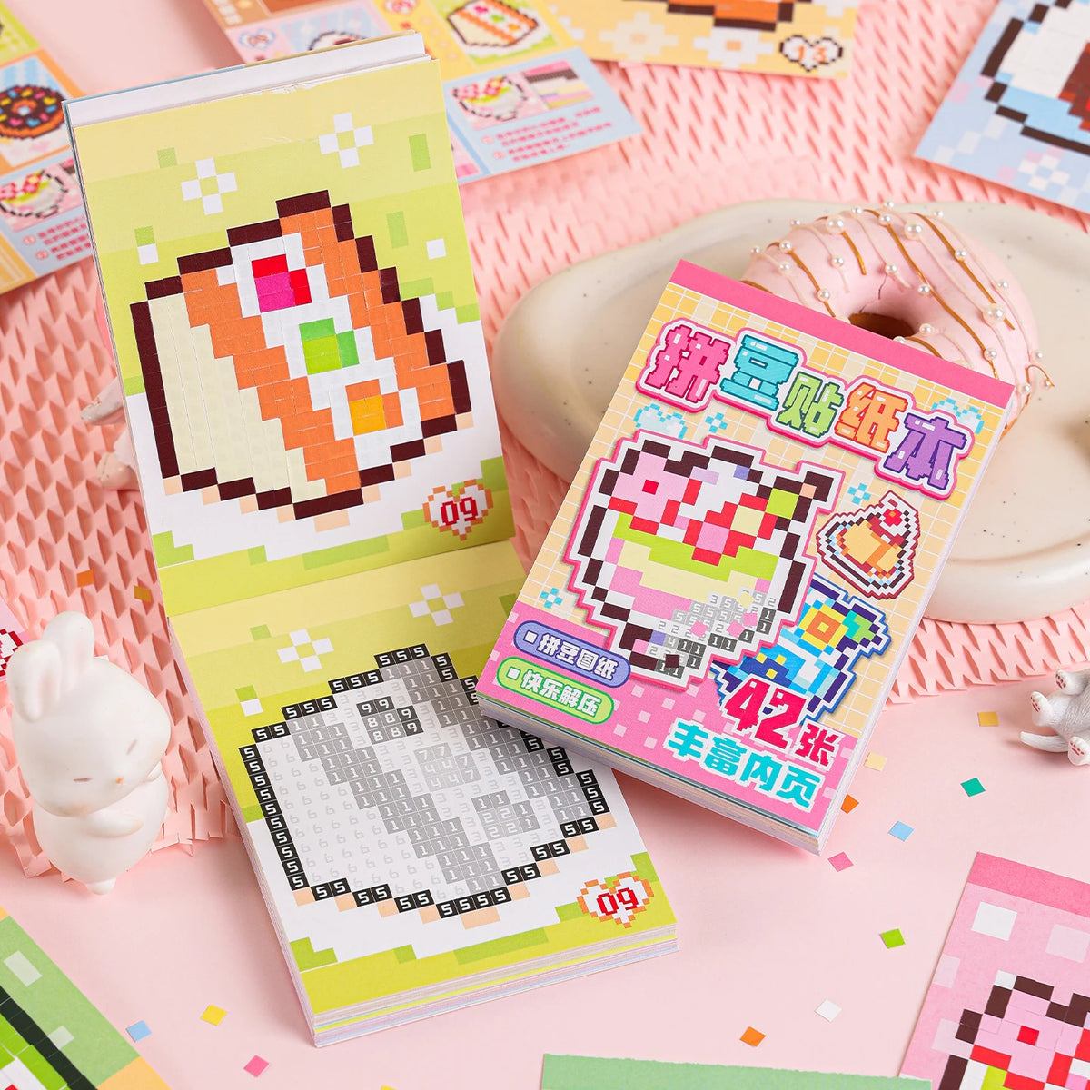 A set of handmade cartoon mini bean die cut stickers featuring various colorful designs and a pink donut.