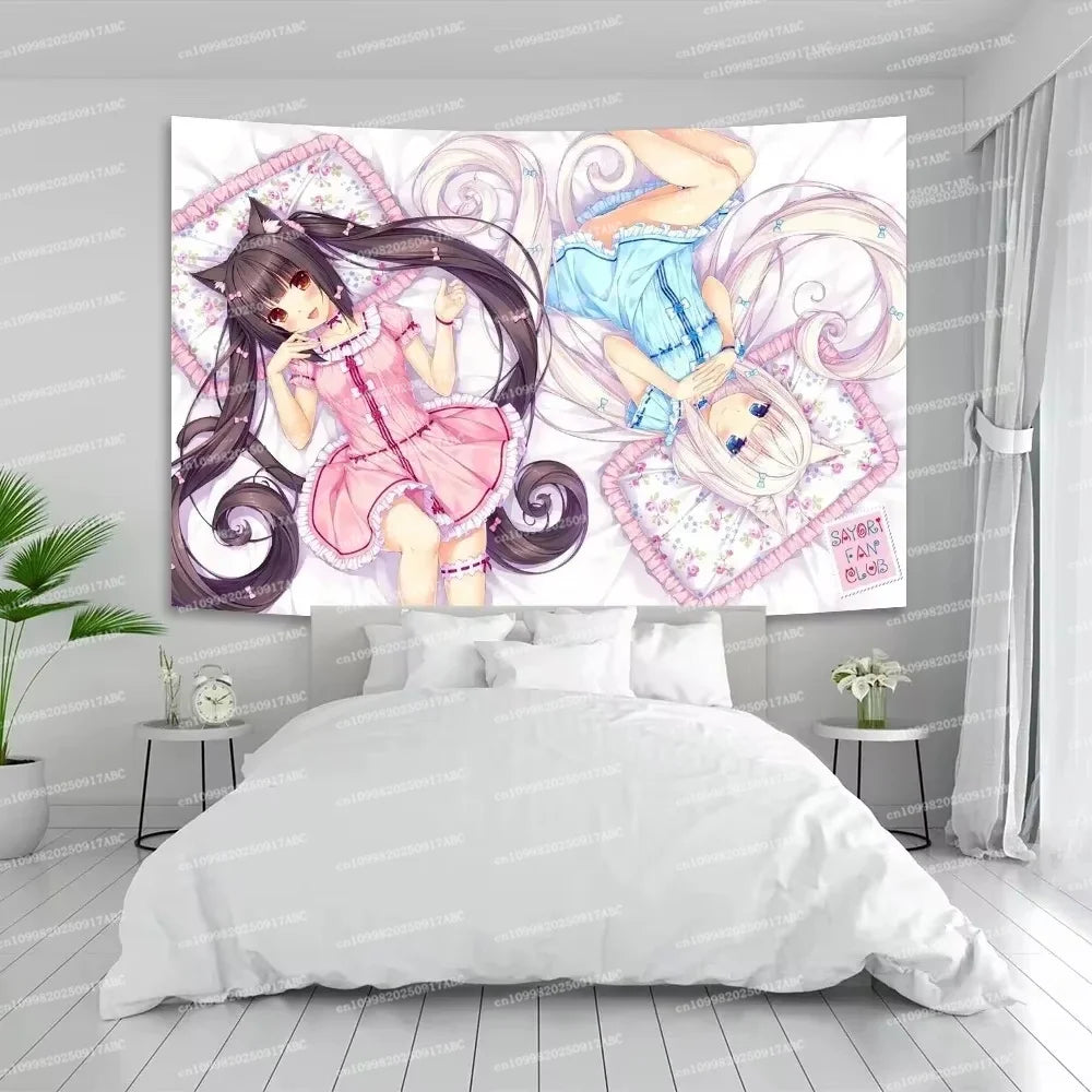 Anime Nekopara wall tapestry featuring a cute girl in pink and blue attire decorating a bedroom.