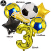 Un set de six ballons de football jaunes et bleus, incluant un ballon, une étoile et le chiffre trois.
