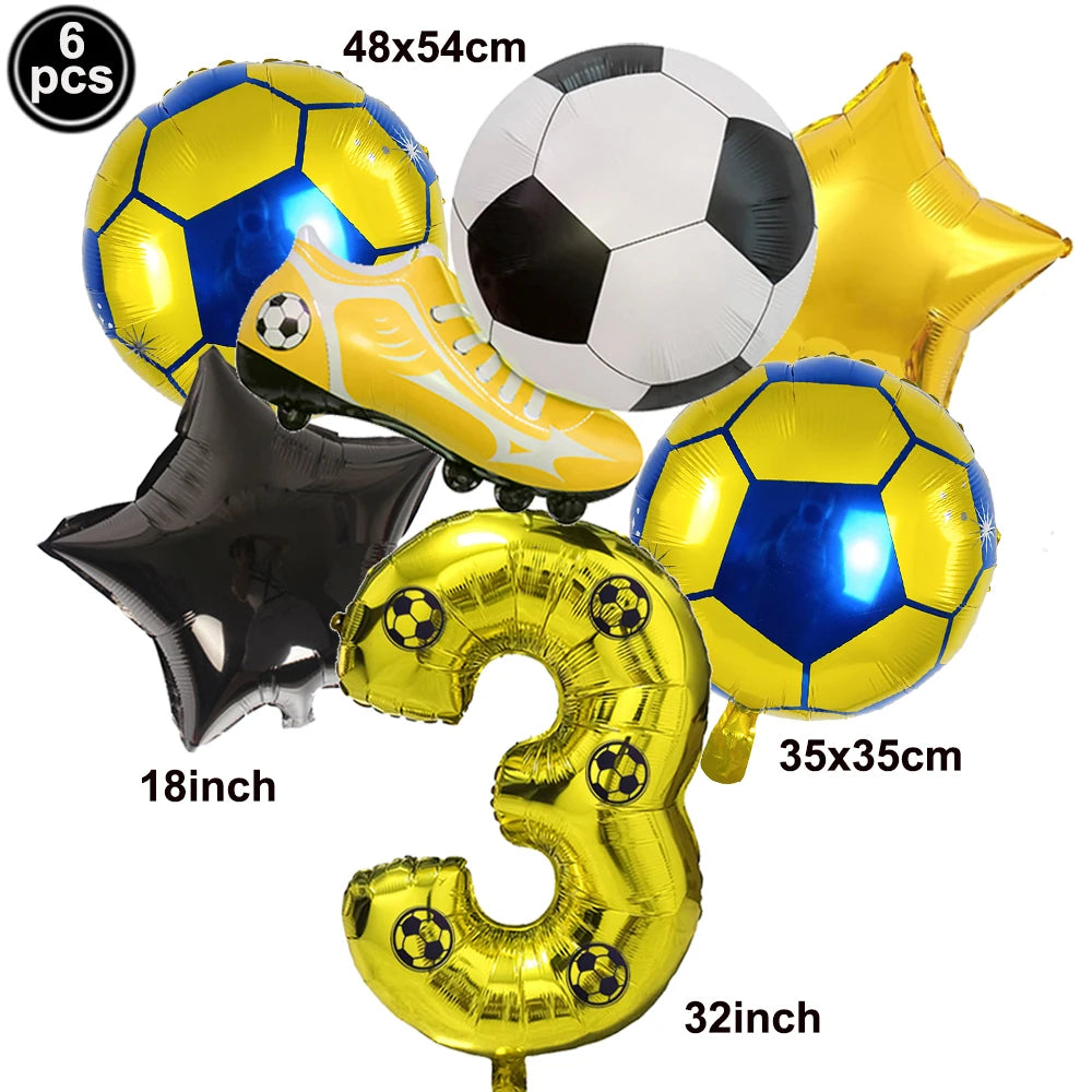 Un set de six ballons de football jaunes et bleus, incluant un ballon, une étoile et le chiffre trois.