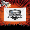 A white banner featuring the Polaris Camp Rzr logo against a background of red and orange light rays, with a silhouette of ch