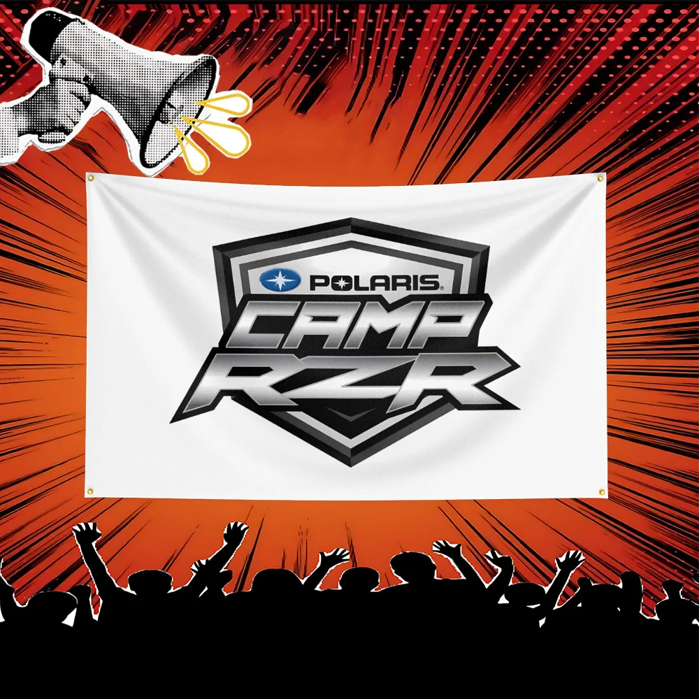 A white banner featuring the Polaris Camp Rzr logo against a background of red and orange light rays, with a silhouette of ch