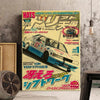 Une impression d'art mural verticale représentant une illustration stylisée d'une voiture qui dérape et du texte japonais.