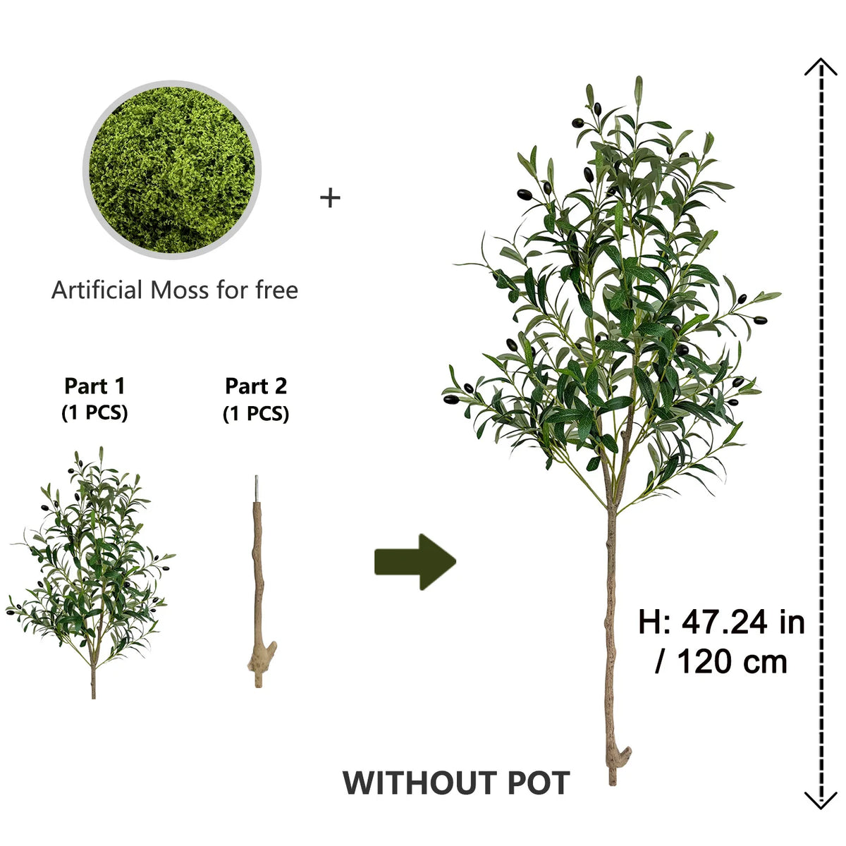 Artificial moss and a small plant are shown with an olive tree branch, illustrating the product without a pot.