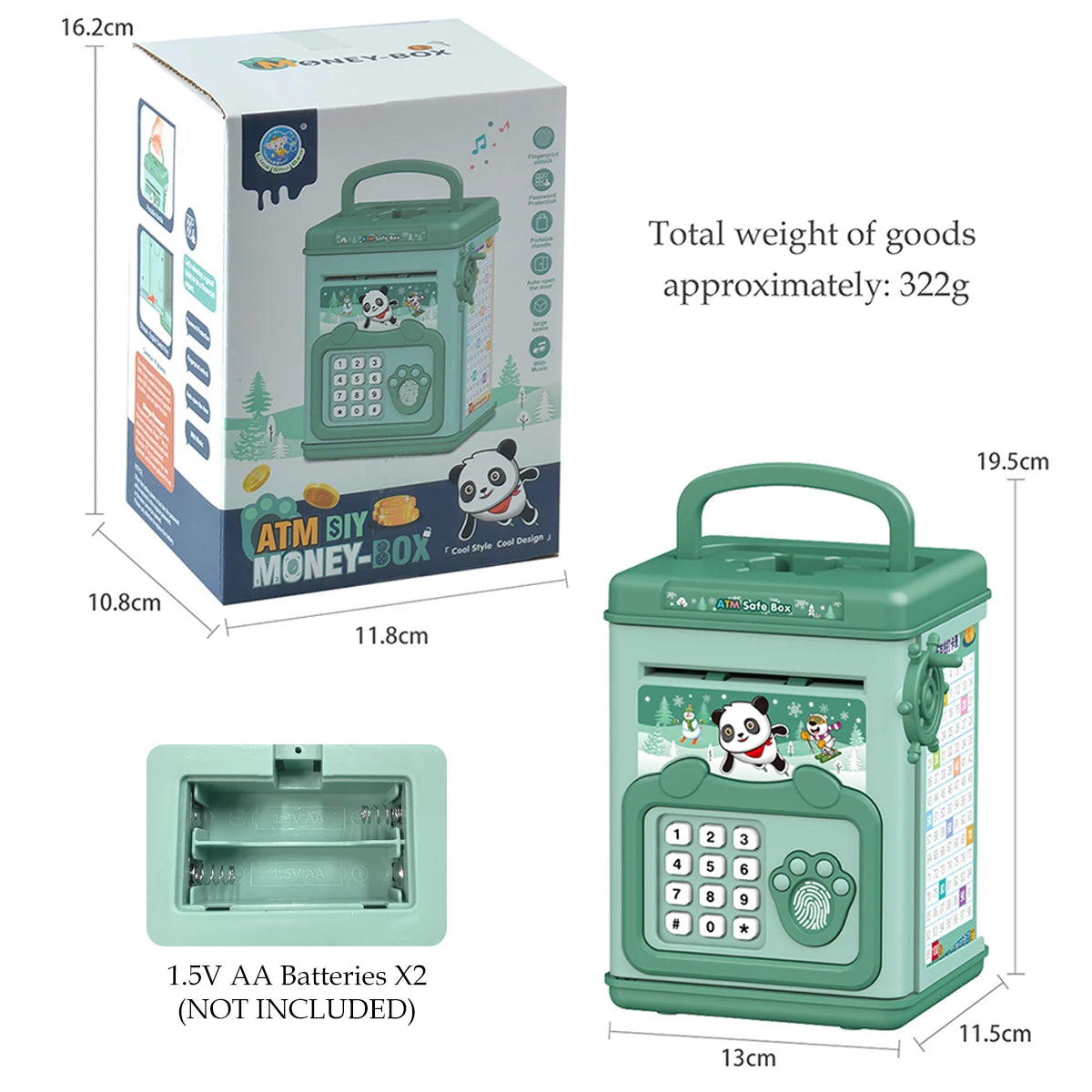 A green electronic ATM piggy bank with a password lock and battery compartment is shown next to its packaging.