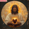 A painting of Jesus with a halo holding a glowing sacred heart.