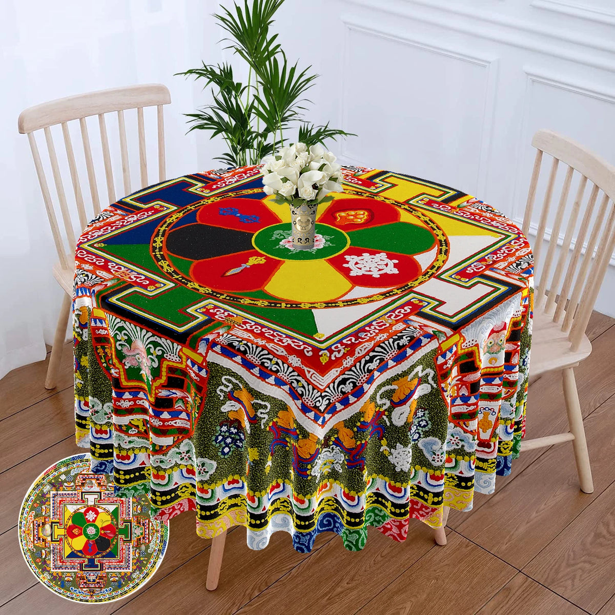 Bohemian peacock mandala round tablecloth featuring colorful patterns and designs