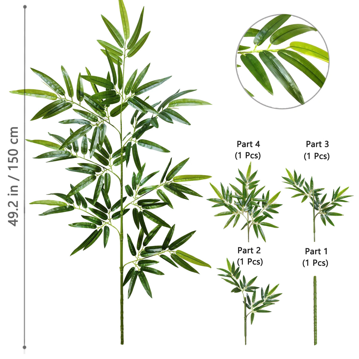 Artificial bamboo branch with green leaves shown in various parts and a full plant view.