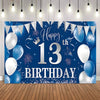 A blue party backdrop banner with silver and white balloons, confetti, and a 'Happy 13th Birthday' design.