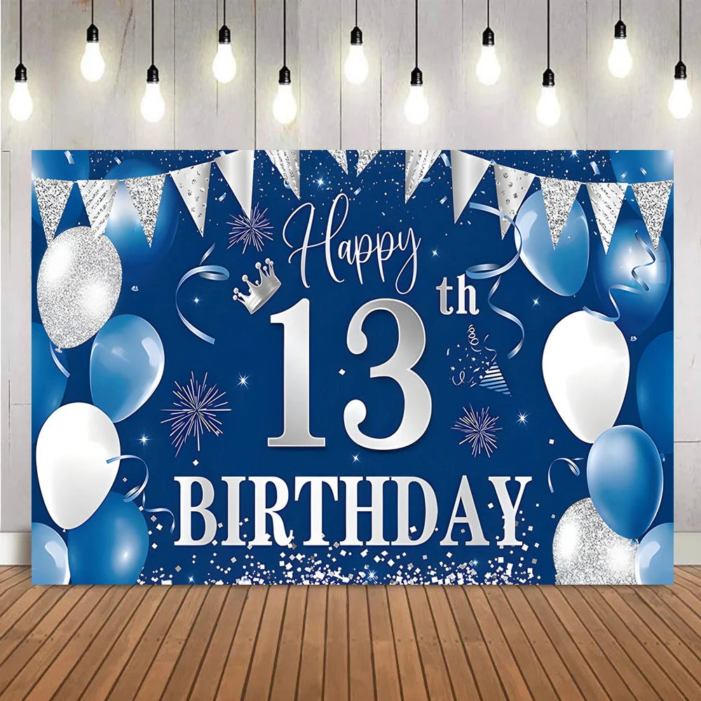 A blue party backdrop banner with silver and white balloons, confetti, and a 'Happy 13th Birthday' design.