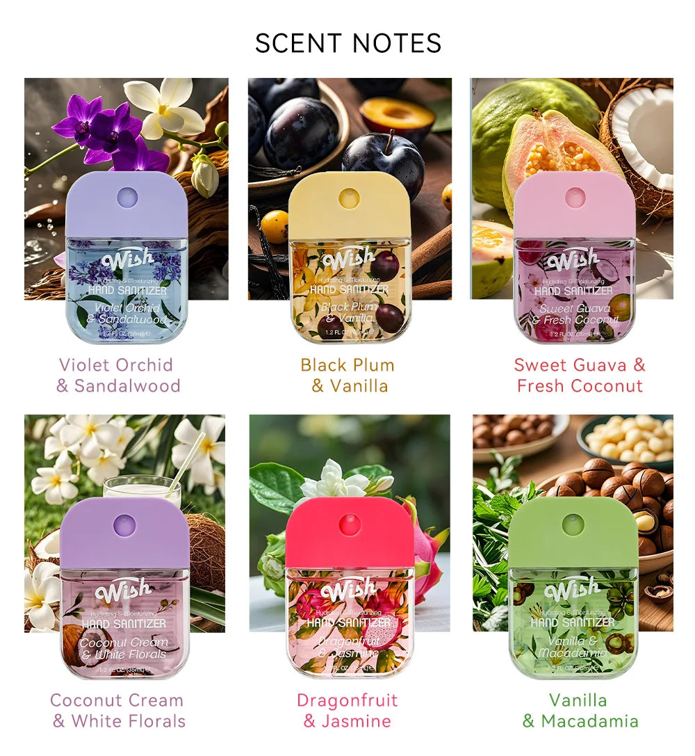 A collection of six moisturizing hand sanitizer sprays in various colors and scents including violet orchid, black plum, swee