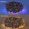 A comparison of multicolor and warm white LED string lights, showing different light modes and brightness.