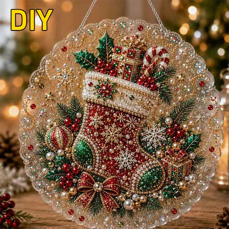 A detailed Christmas ornament featuring a red and green glittery stocking decorated with pearls and greenery, suspended by a 
