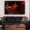 A dark oil painting depicting a figure in red attire sitting in a chair against a dark background.