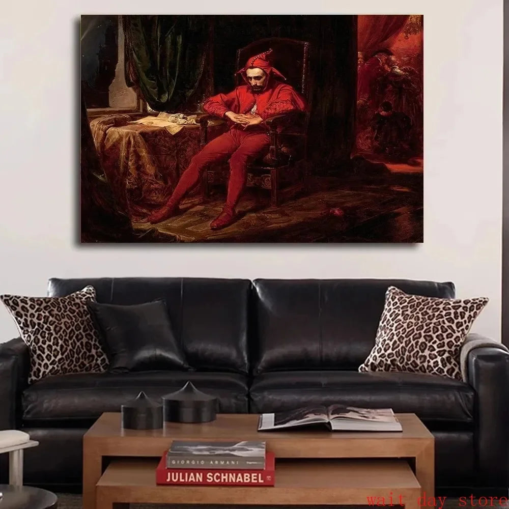 A dark oil painting depicting a figure in red attire sitting in a chair against a dark background.