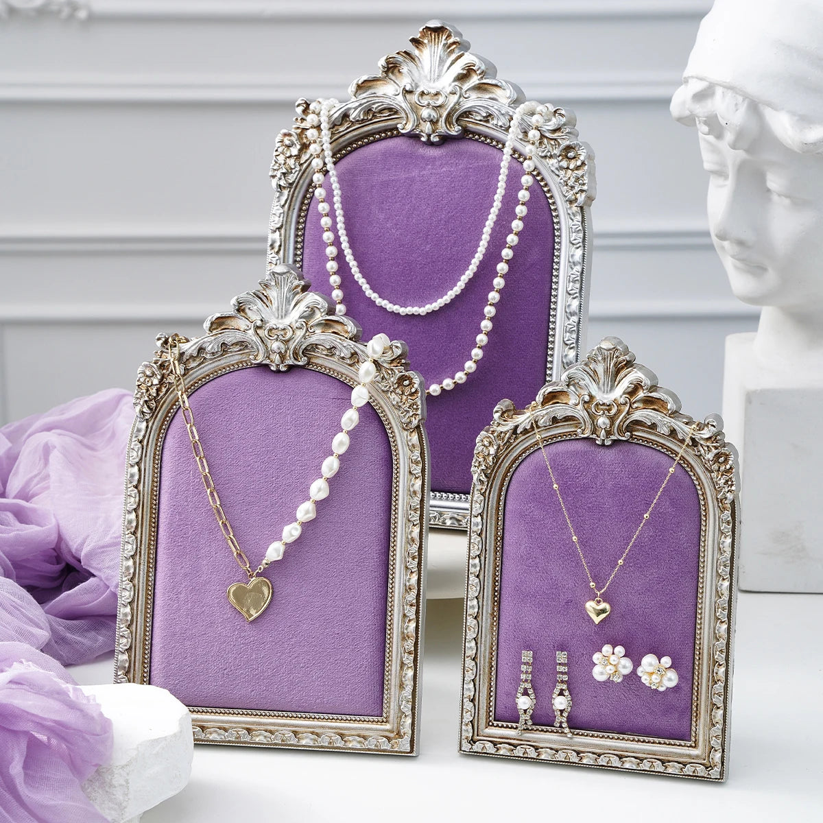 European-Style Velvet Jewelry Display Stand with Silver-Plated Floral Detail