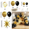 A collection of black and gold balloons, including round balloons, starburst accents, and a balloon garland arch display.