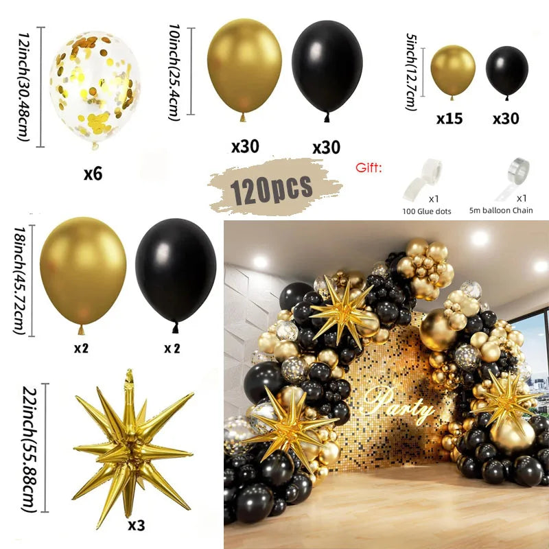 A collection of black and gold balloons, including round balloons, starburst accents, and a balloon garland arch display.