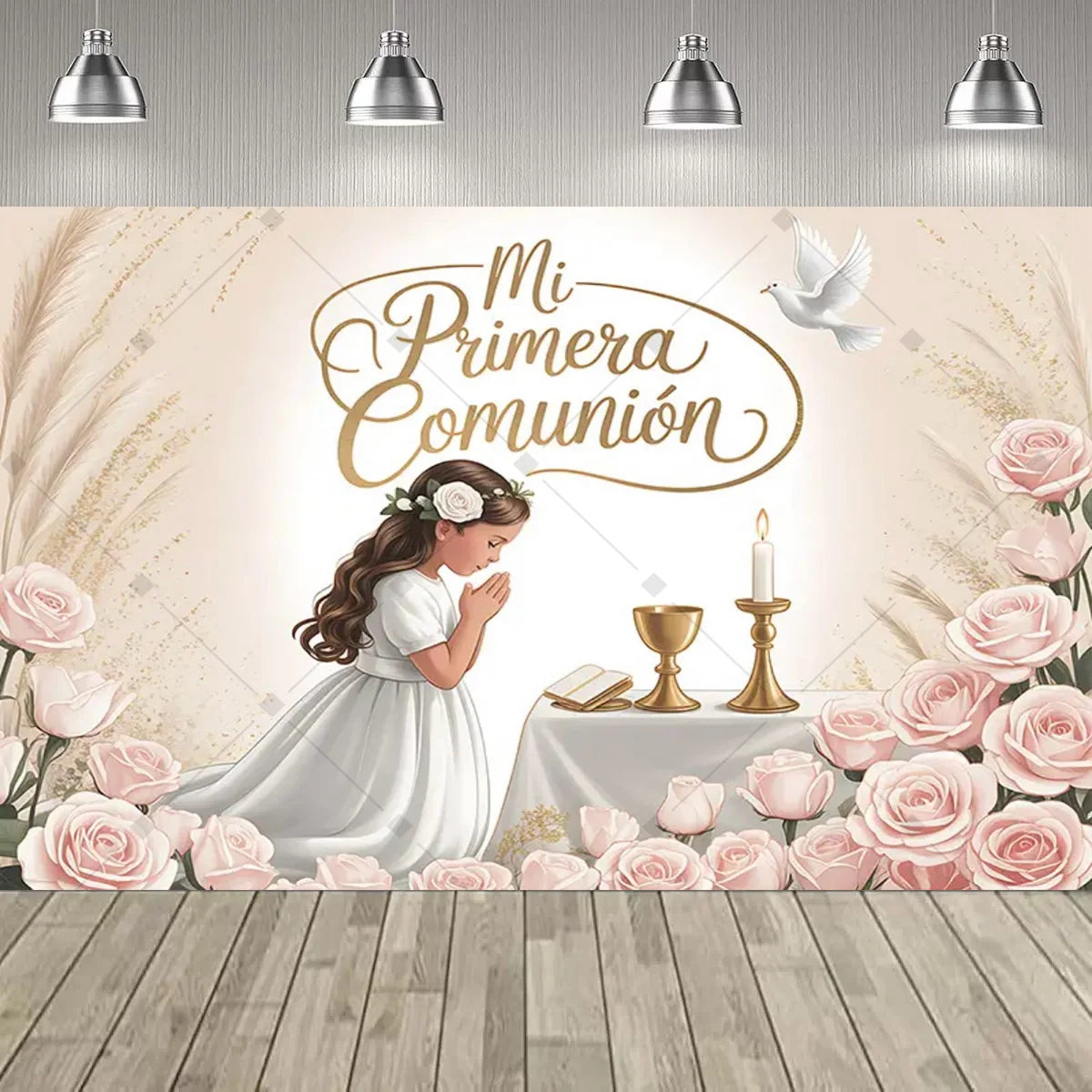 A soft pink First Communion backdrop featuring roses, a praying girl, and a golden chalice design.