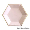 Eight 9-inch disposable plates with a pink and gold hexagonal design