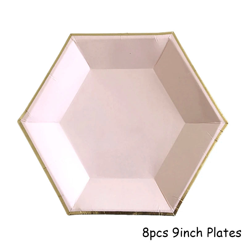 Eight 9-inch disposable plates with a pink and gold hexagonal design