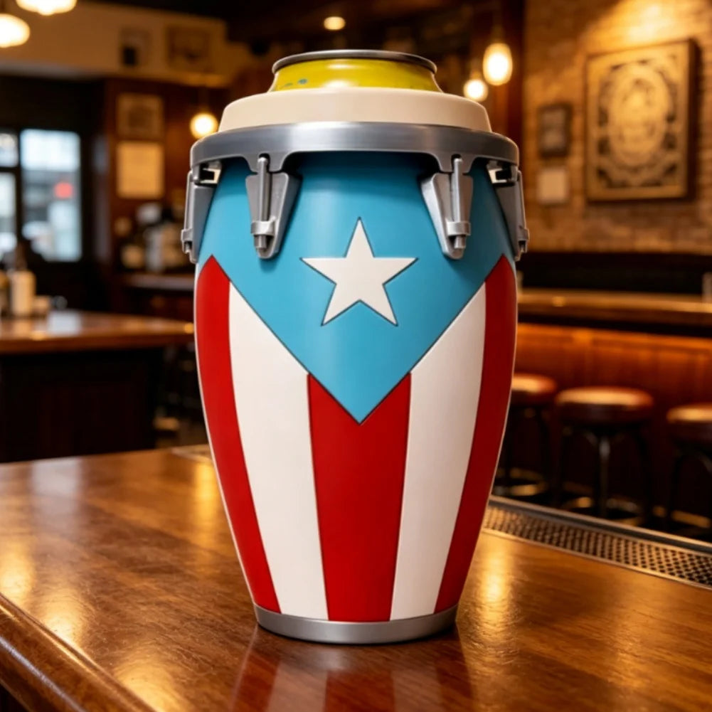 A drum-style can holder featuring a patriotic design with red, white, and blue stripes and a star, sitting on a wooden counte