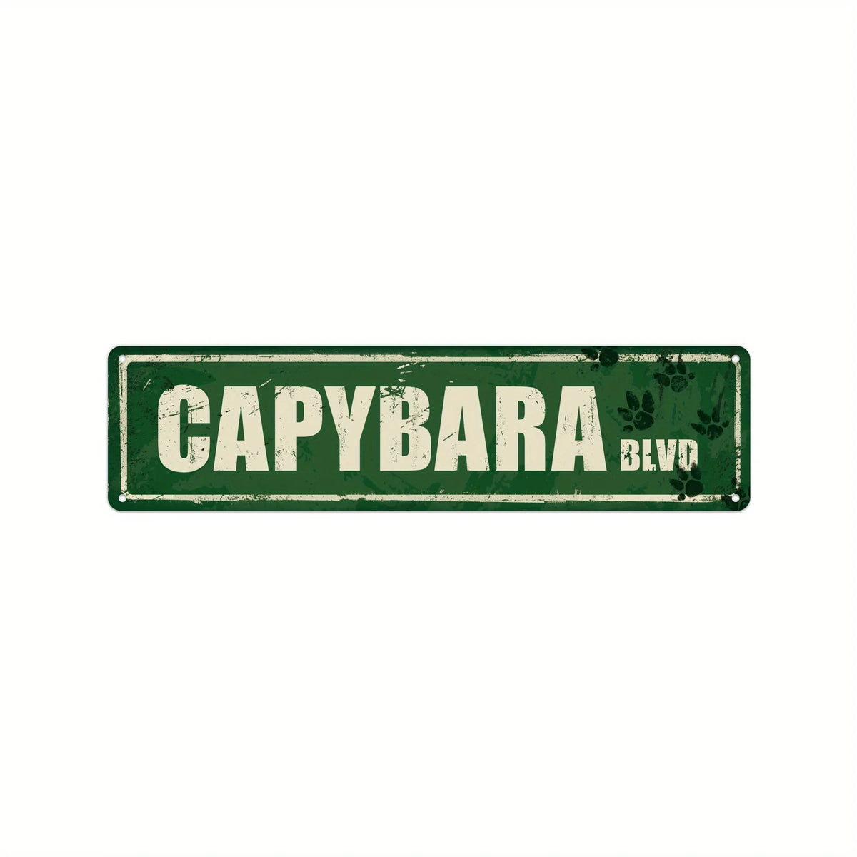 Vintage metal wall sign with the word CAPYBARA and BLVD in a distressed green background.
