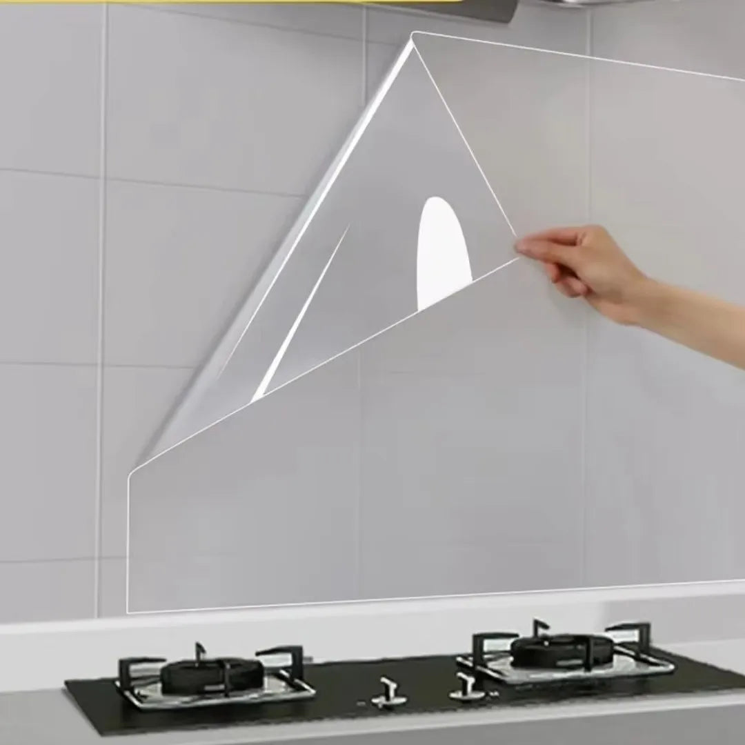 A hand is applying a clear frosted glass window film to a white tiled surface.
