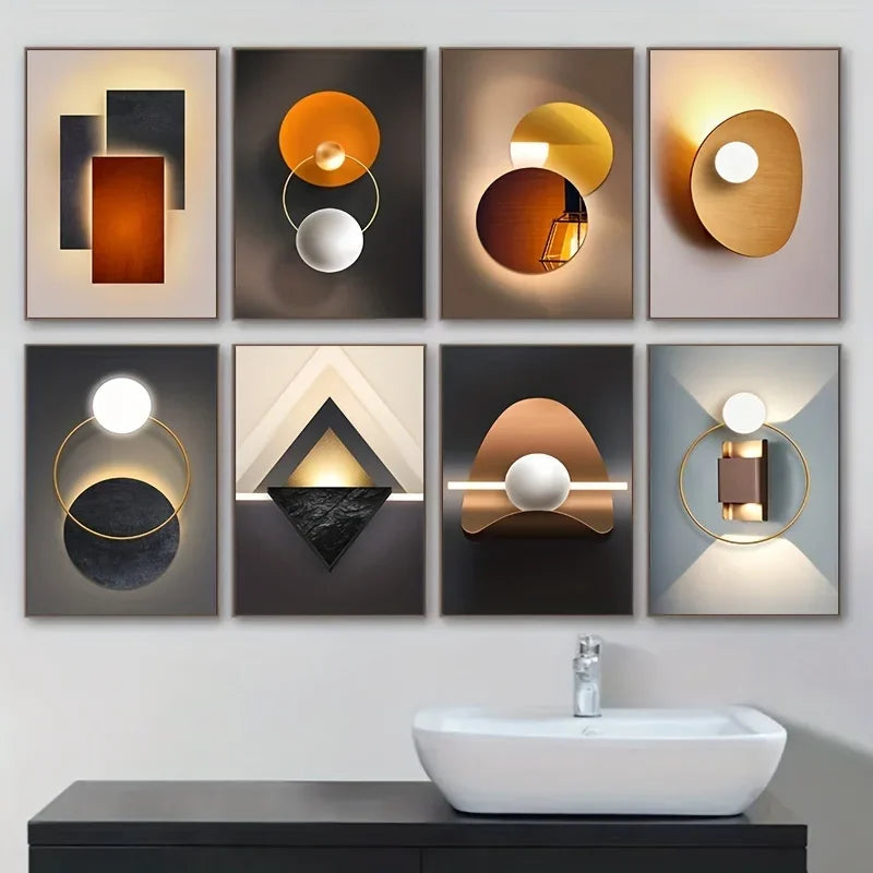 A collection of nine modern geometric canvas wall art pieces featuring circular and rectangular shapes in gold, bronze, and g