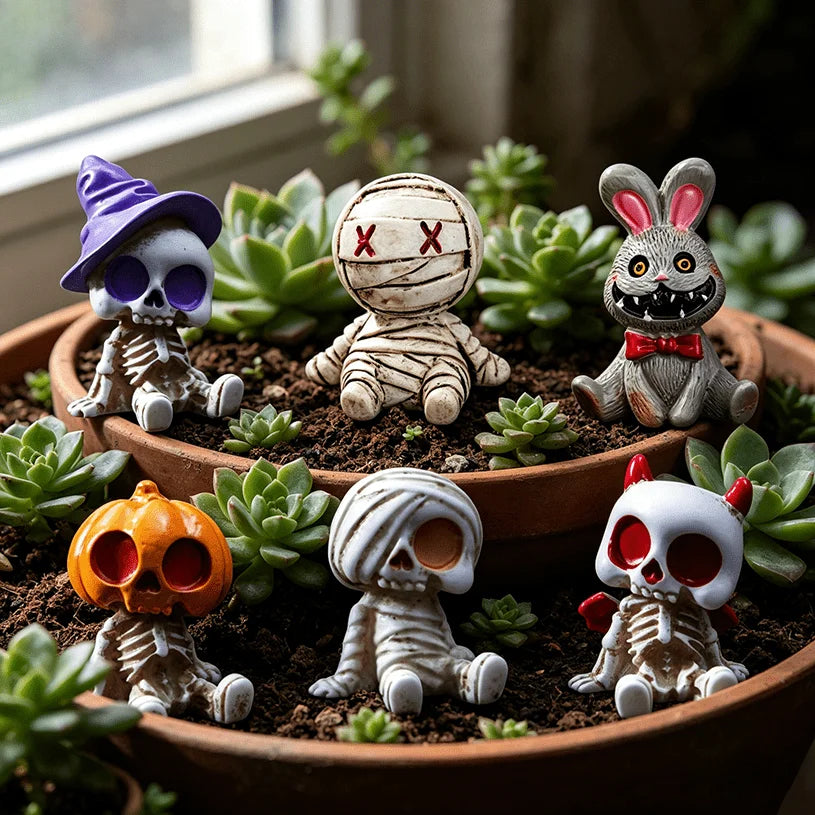 A collection of Halloween resin skeleton mummy figurine set featuring purple witch, zombie, and various mummified figures in 