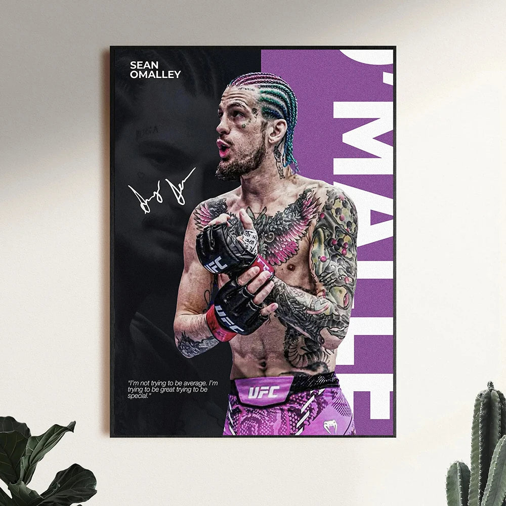 A black and purple canvas print featuring a portrait of Sean OMalley with tattoos and an UFC theme.