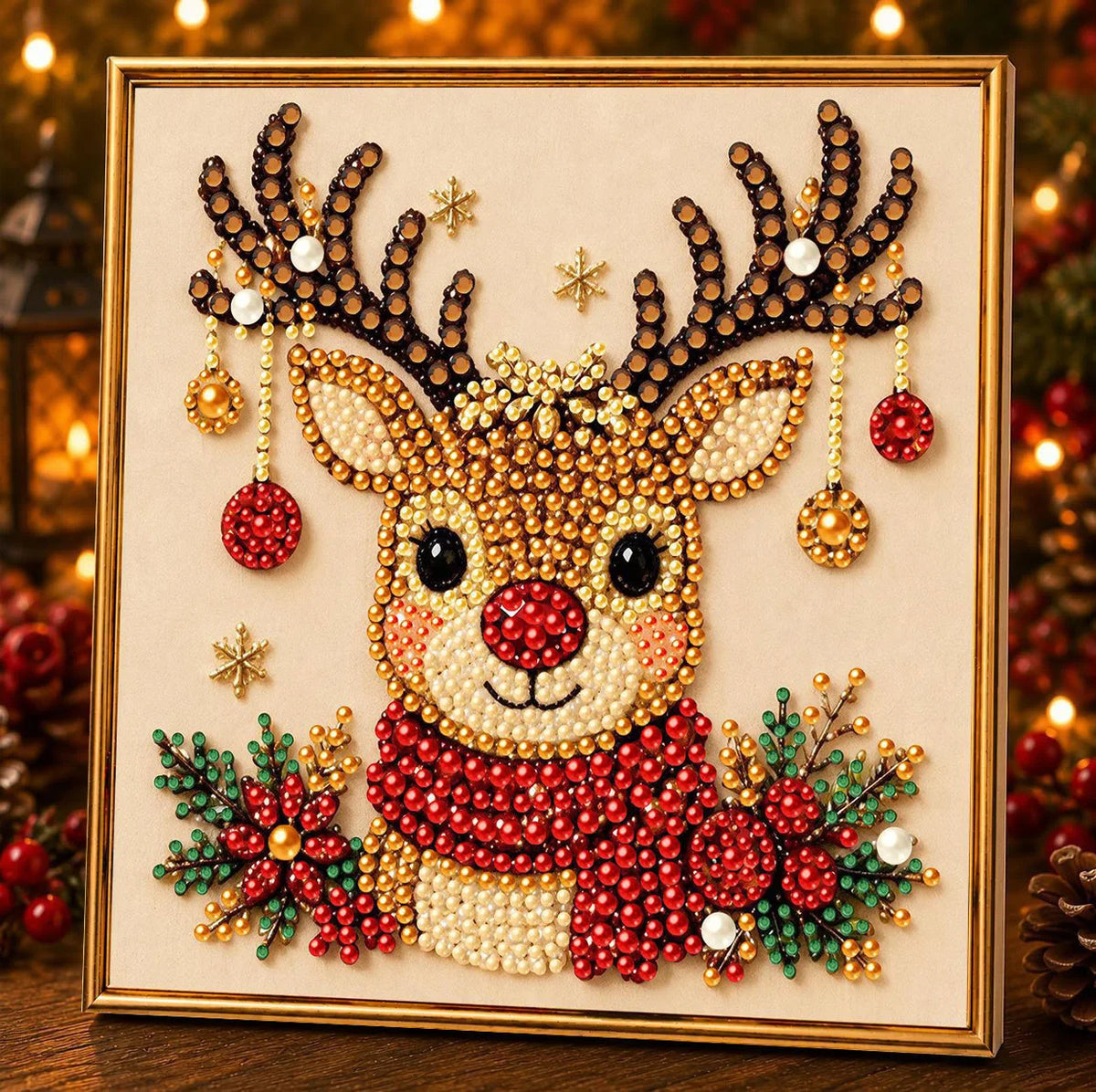 A framed diamond painting featuring a deer antler design adorned with gold and red pearls and gems.