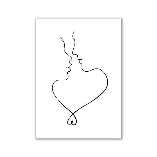 Minimalist line art drawing of two faces kissing forming a heart shape