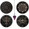 A set of nine circular wooden pendulum boards for divination and meditation featuring various symbols and words like Yes No M