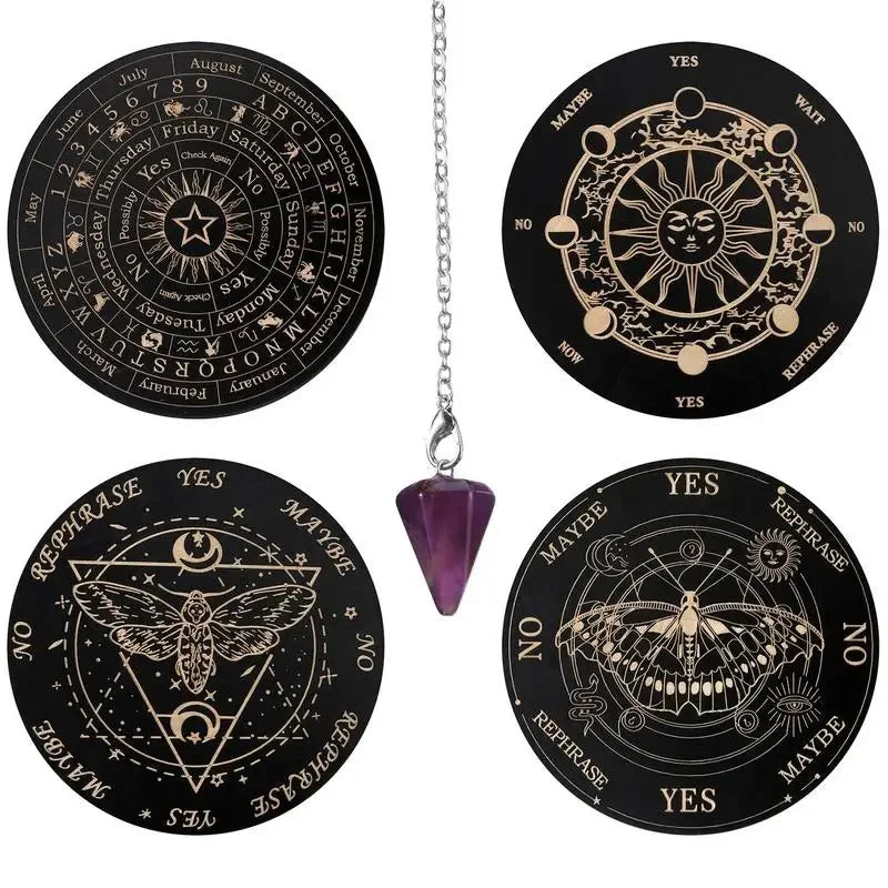 A set of nine circular wooden pendulum boards for divination and meditation featuring various symbols and words like Yes No M