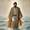 Oil painting of Jesus standing in turbulent water, wearing a flowing robe, against a bright background.
