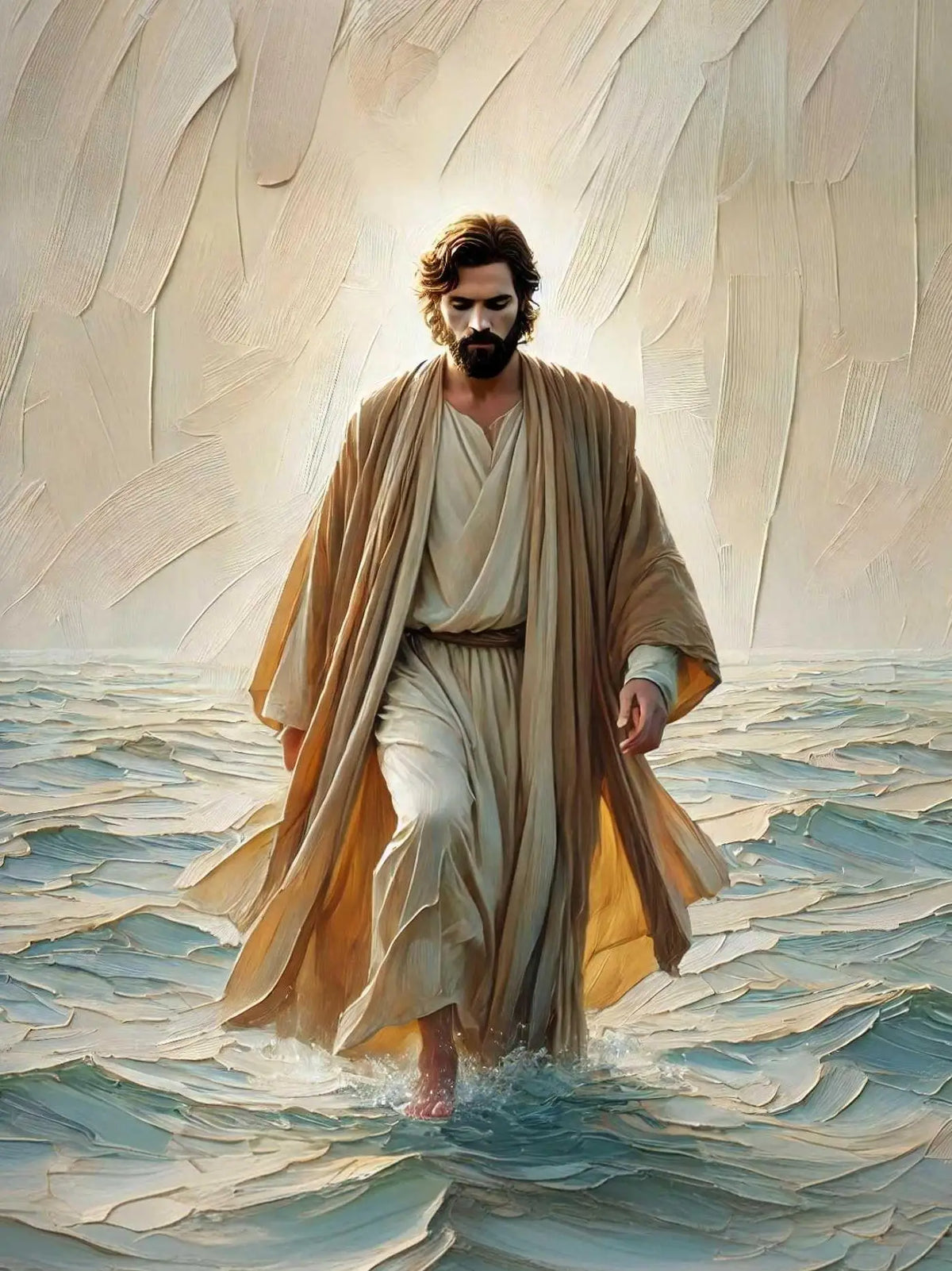 Oil painting of Jesus standing in turbulent water, wearing a flowing robe, against a bright background.