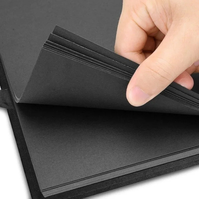 A hand is opening a black premium DIY scrapbook photo album, showing the stacked pages.