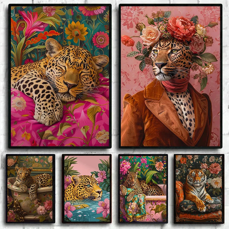 A set of three canvas prints featuring detailed floral portraits of leopards and tigers.