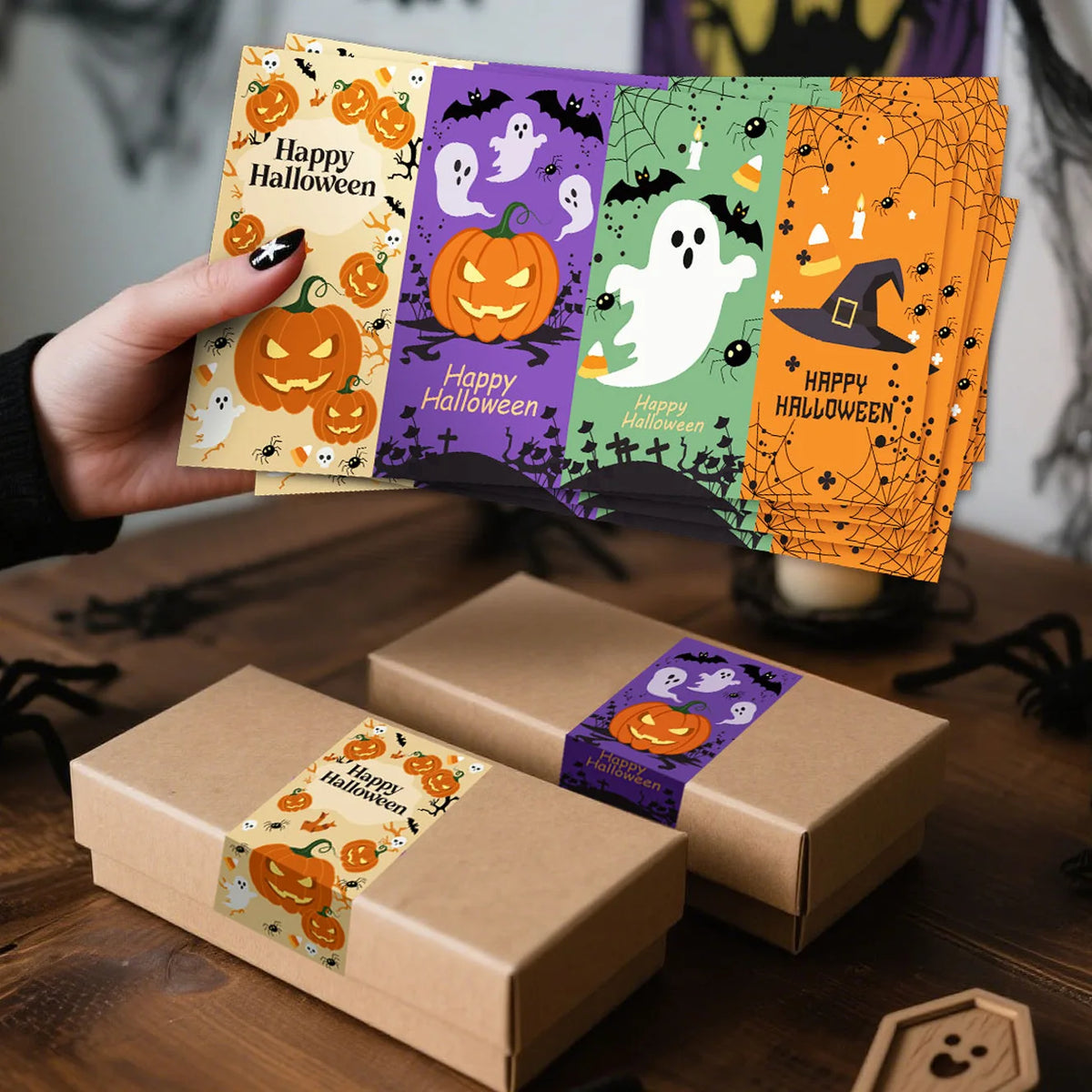 A hand holds a sheet of Halloween themed sealing stickers featuring pumpkins and ghosts for gift boxes.