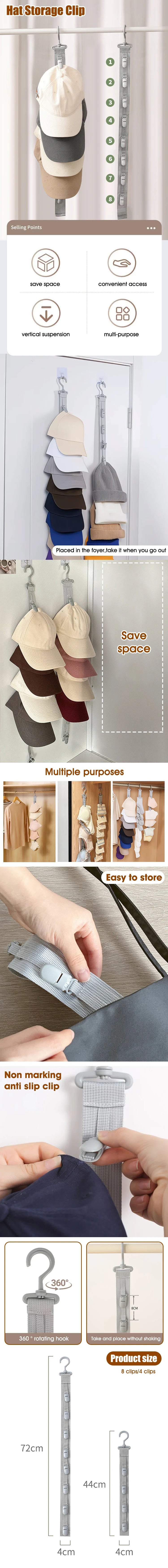A hanging hat storage clip with various sizes and a non-marking anti-slip grip shown in detail.