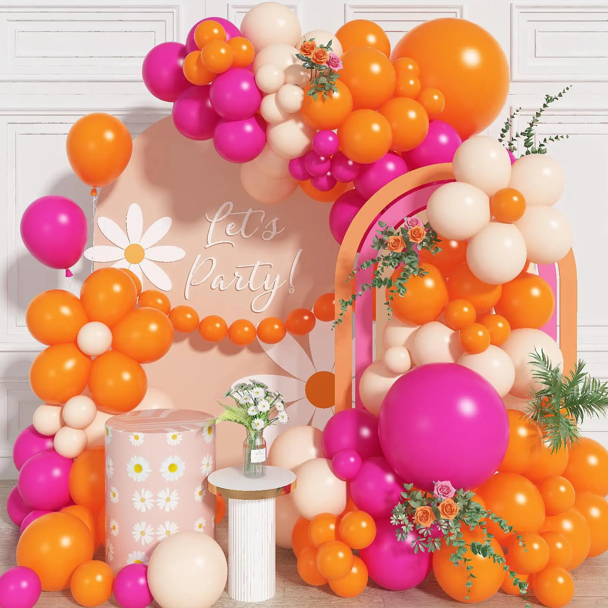 A vibrant balloon garland arch kit featuring pink and orange balloons arranged for party decoration.