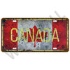 A vintage metal tin sign featuring the Canadian flag design with the word CANADA in yellow text on a distressed red and gray 